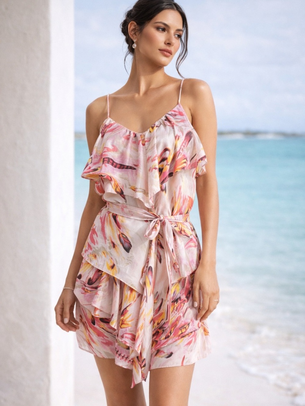 Zimmermann Silk Ruffle Mini Dress Pink Floral Tie Waist size 1 (US 2/4)